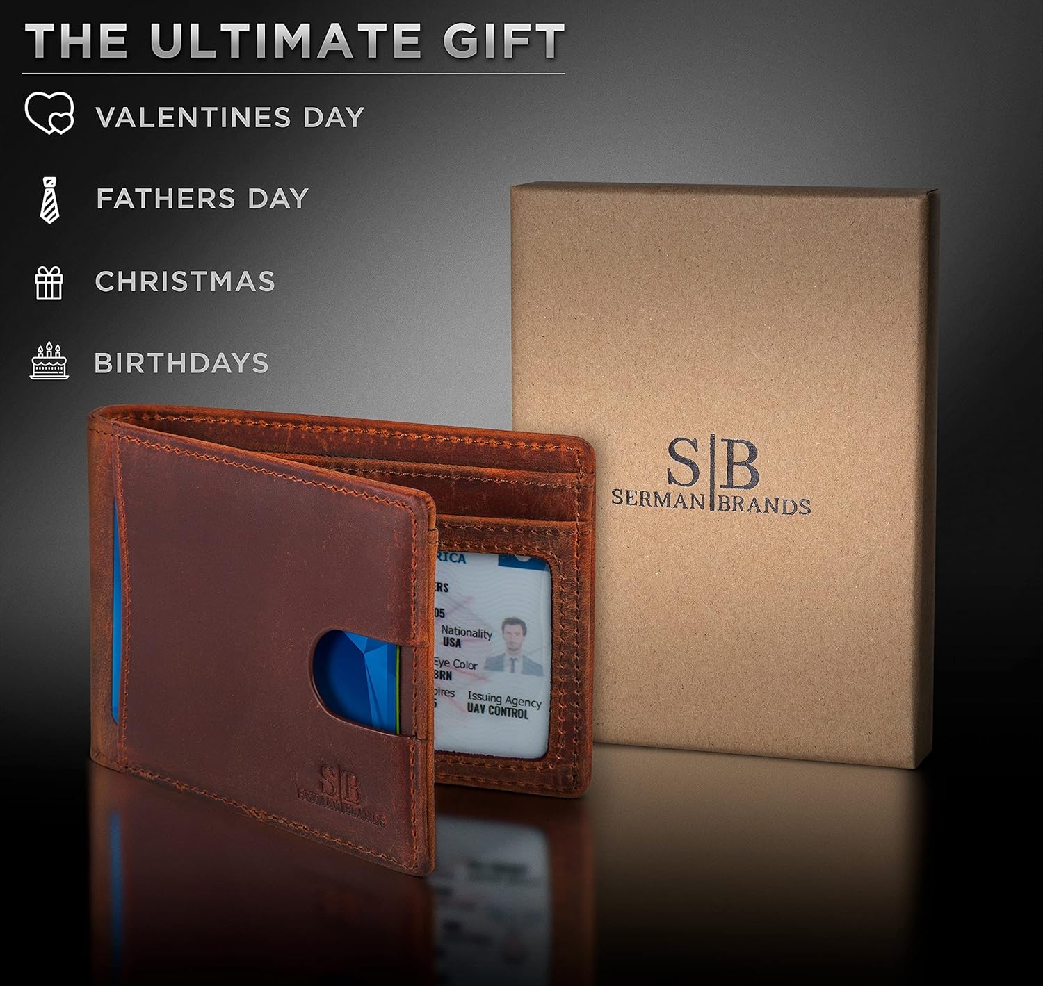 SERMAN BRANDS RFID Blocking Slim Bifold Genuine Leather Thin Minimalist Front Pocket Wallets for Men Billfold Wallet Men Gift