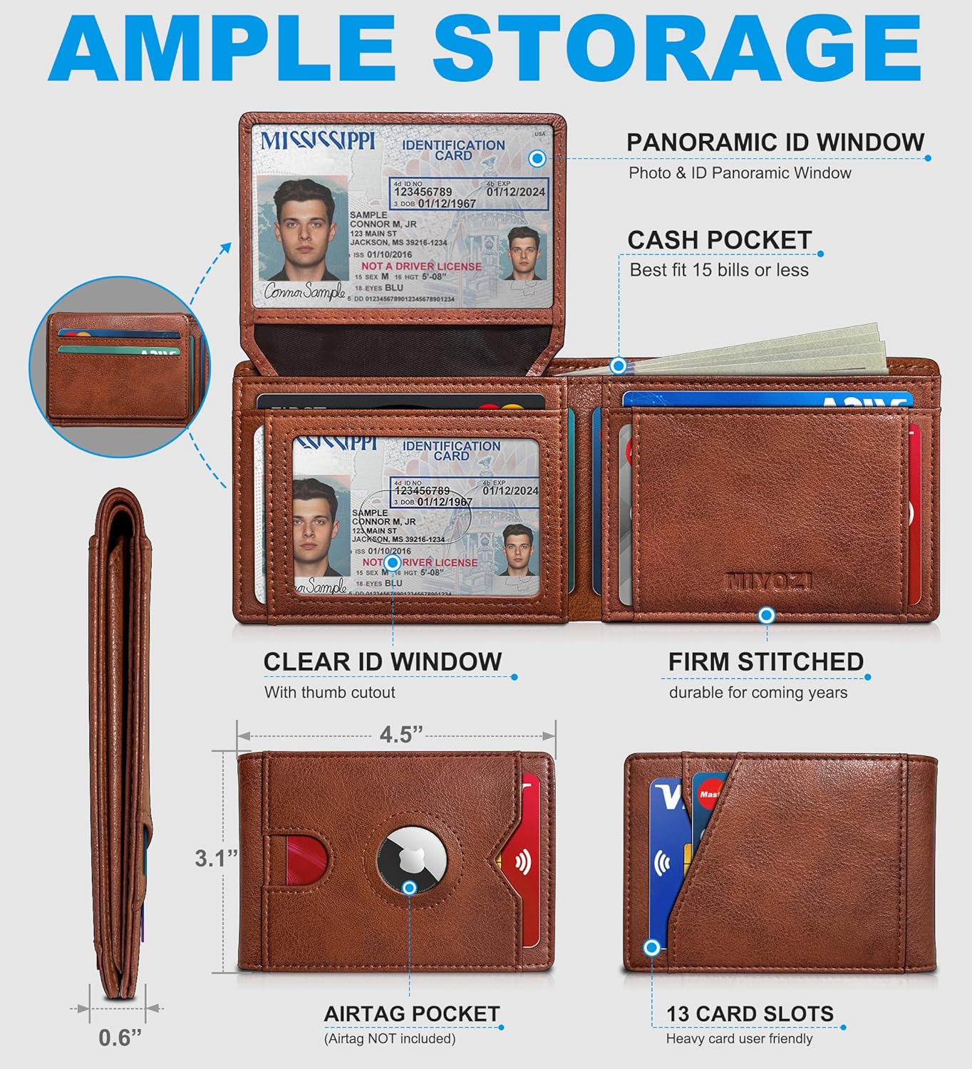 Airtag Wallet for Men,with Cash Pocket 2 ID Window 13 Cards,Slim Leather Wallet Front Pocket Card Holder RFID Blocking with Gift Box