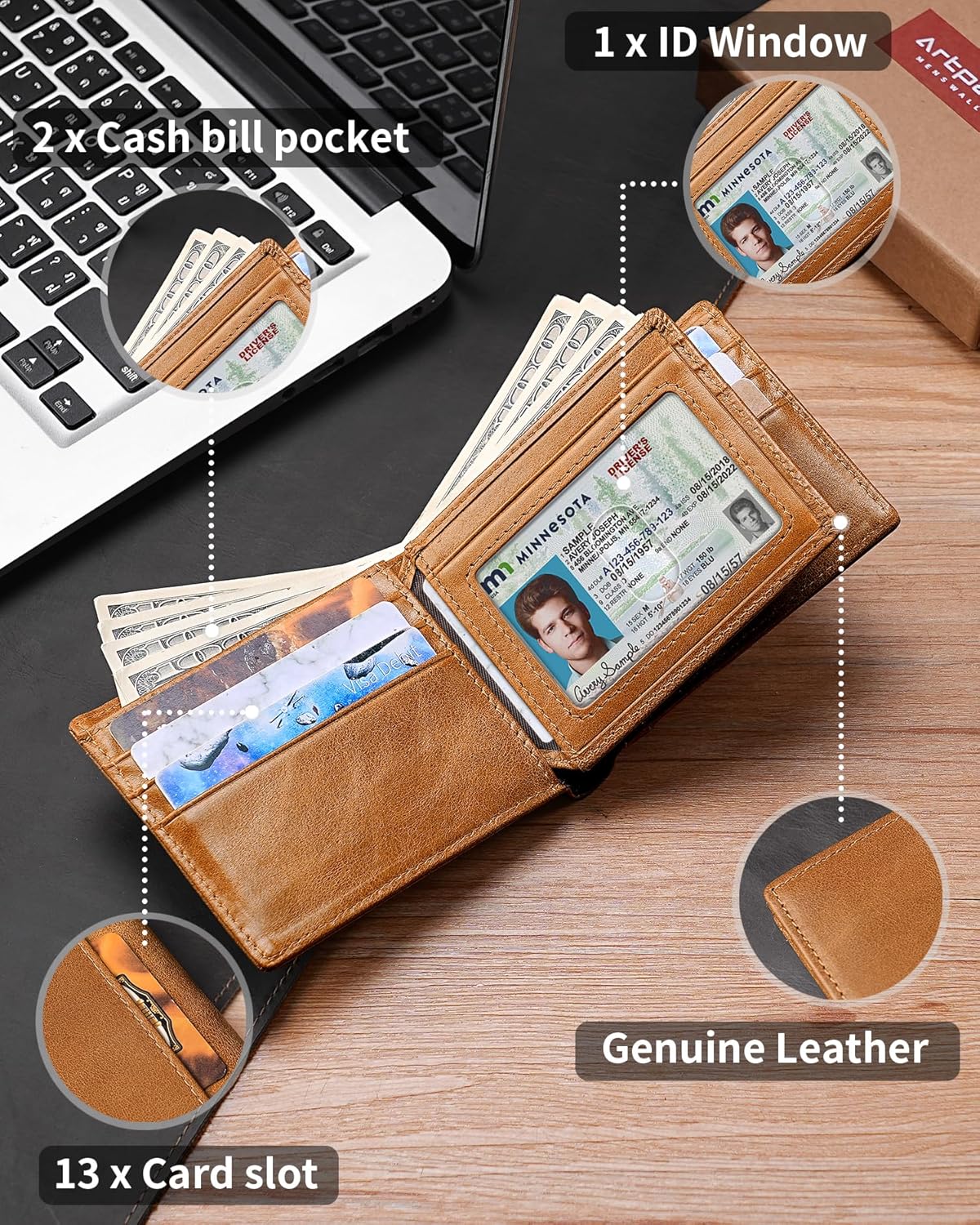 Mens Wallet Genuine Leather Bifold RFID Blocking Wallet for Men with 1 ID Window 13 Card Holders 2 cash pockets 1 Gift Box (Light Brown)