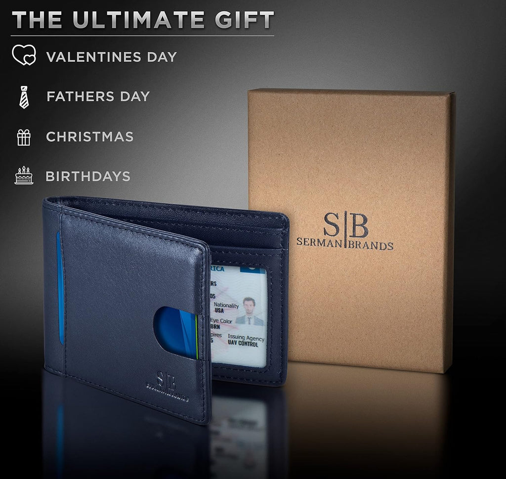 SERMAN BRANDS RFID Blocking Slim Bifold Genuine Leather Thin Minimalist Front Pocket Wallets for Men Billfold Wallet Men Gift