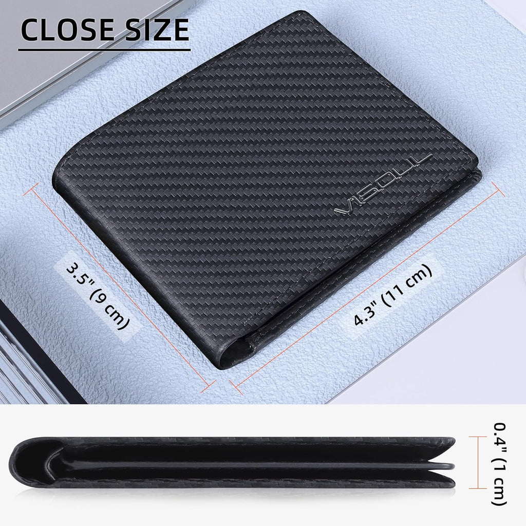 VISOUL Mens Carbon Fiber Leather Bifold Wallet with 2 ID Windows, RFID Blocking Secure Designer Wallets for Men with Two Cash Compartments (Black+Black)