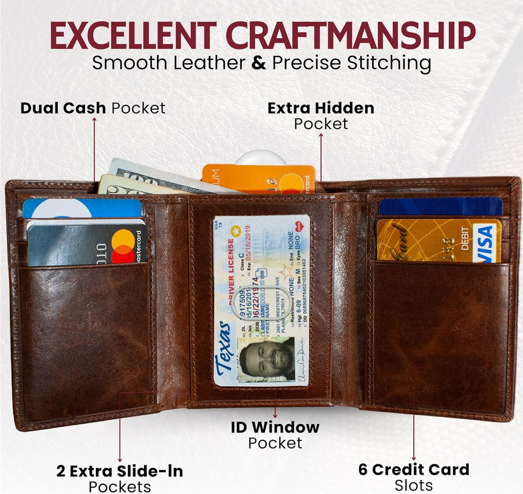 BULL GUARD Best Leather Men's RFID Trifold Wallet With ID Great Outdoor Wallet