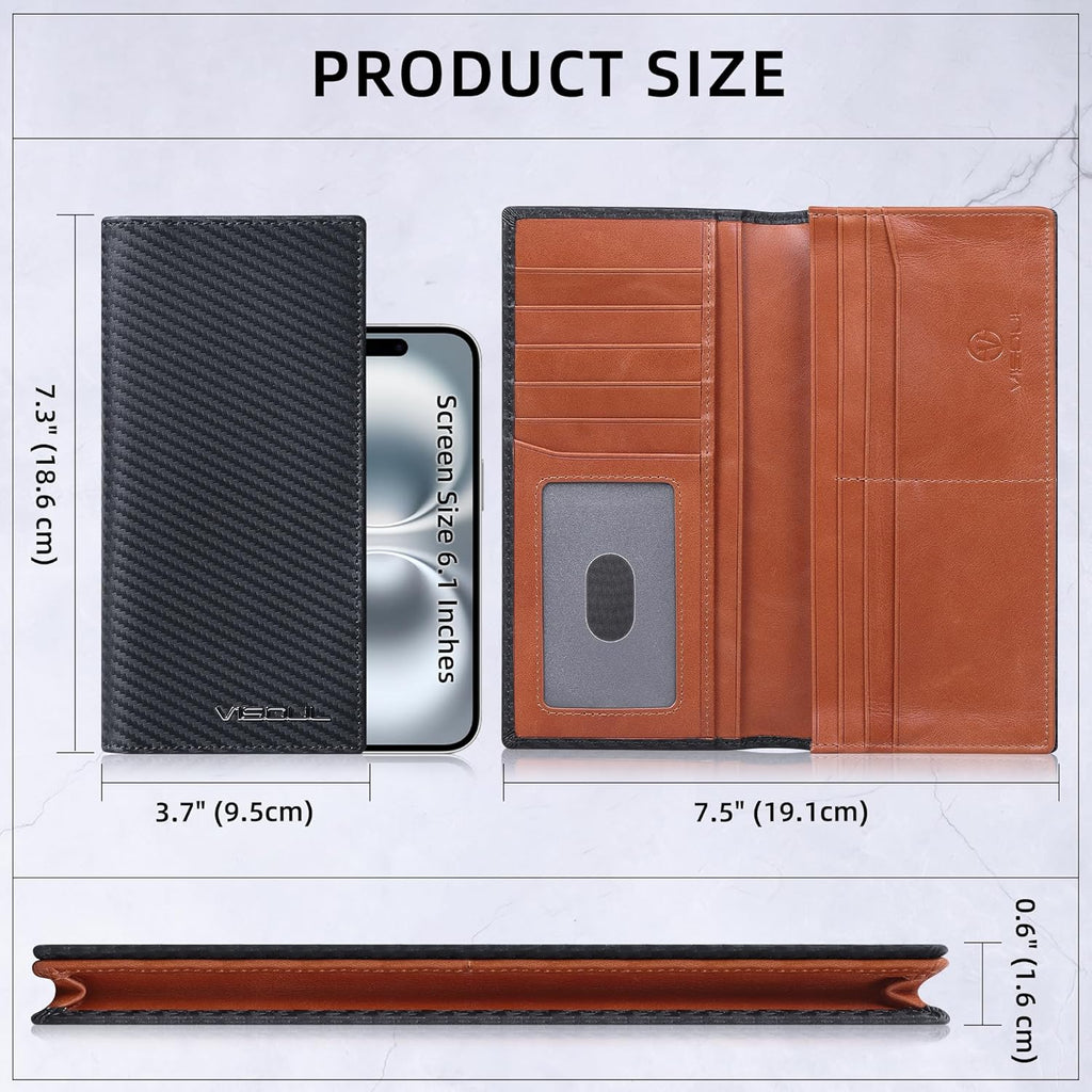 VISOUL Mens Billfold Long Checkbook Wallet Leather with RFID Blocking, Large Bifold Secretary Cash Wallet Tall with 12 Card Slots for Men (Black+Orange)
