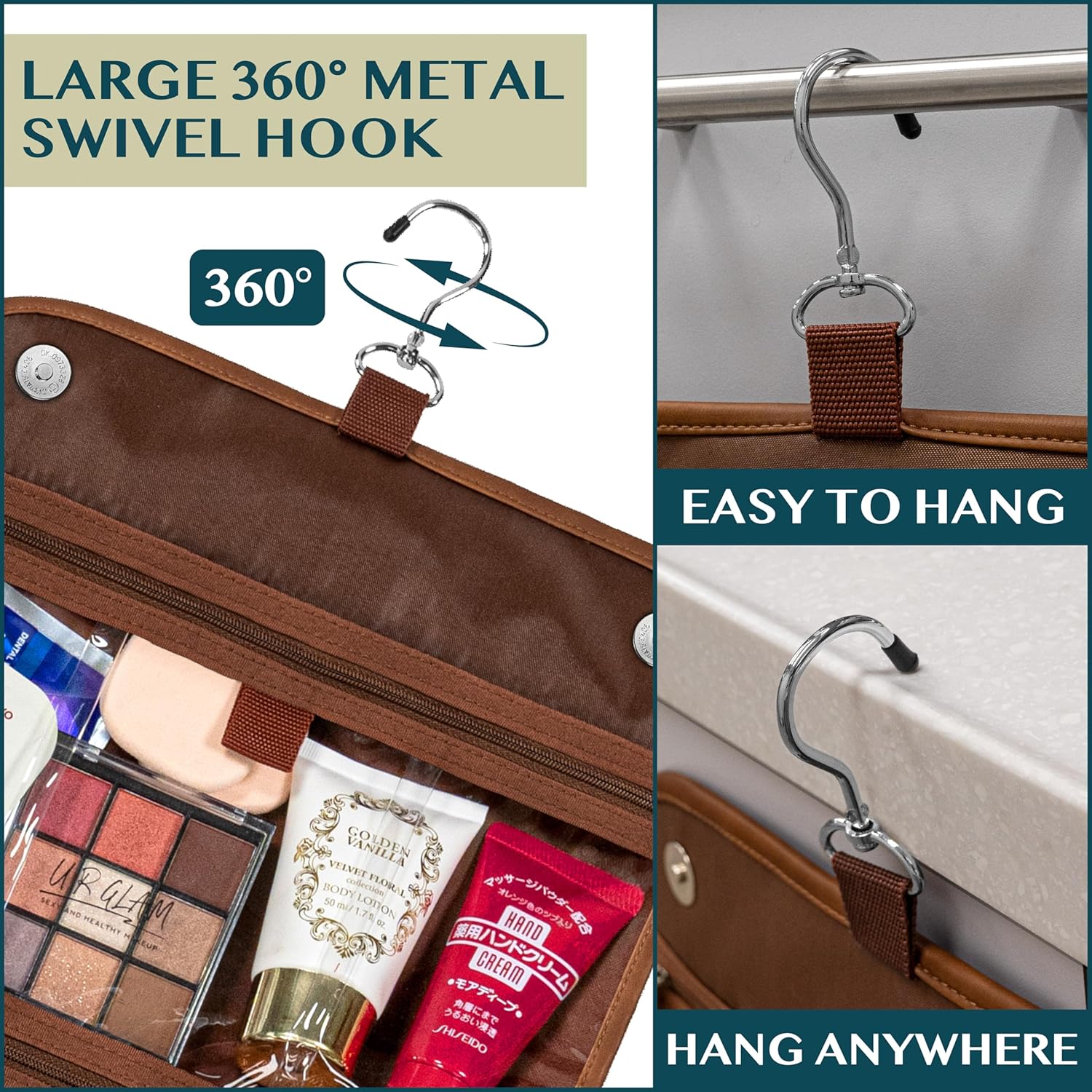 PAVILIA Hanging Toiletry Bag Women Men, Foldable Cosmetic Organizer Travel Bag, Water Resistant Makeup Bag Toiletries, Large Travel Essentials Kit (Brown)