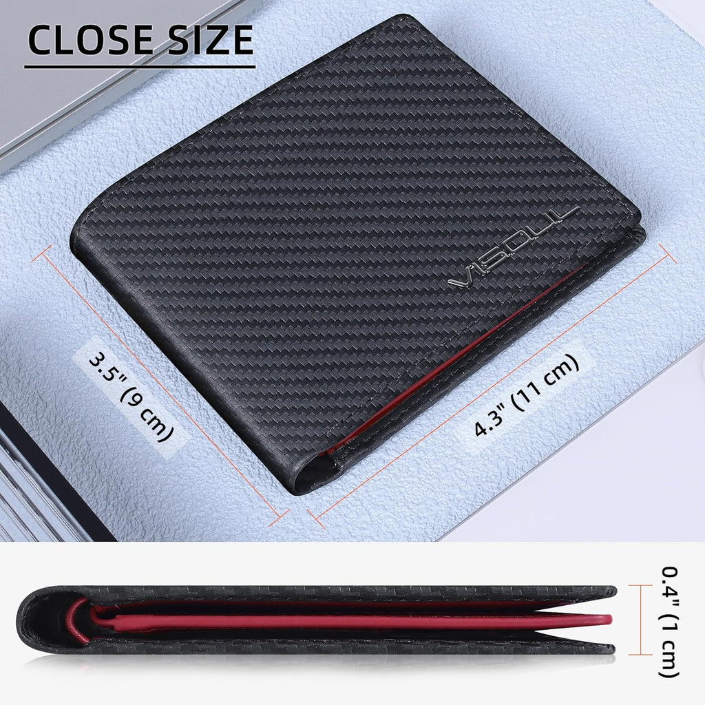 VISOUL Wallet for Men with 2 ID Windows 8 Credit Card Slots 2 Cash Compartments, Carbon Fiber Leather Bifold Mens Wallet with RFID Blocking (Carbon Fiber Black+Burgundy)