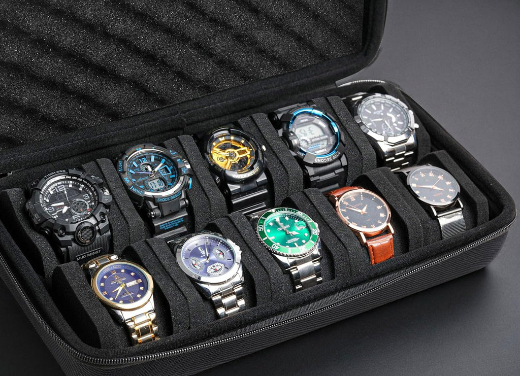 10 slots watch travel case, Hard Portable watch carry storage organizer box, fit watches up to 55mm face
