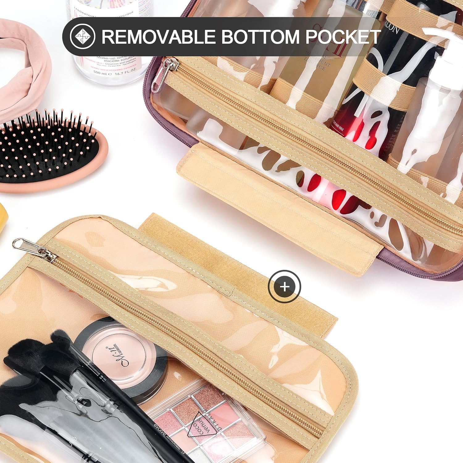 Travel Hanging Toiletry Bag for Women and Men, with 8 Leak Proofing Silicone Bottle Covers, Waterproof Makeup Accessories, Cosmetic Essentials, Toiletries Dopp Kit Set with Jewelry Organizer, Purple