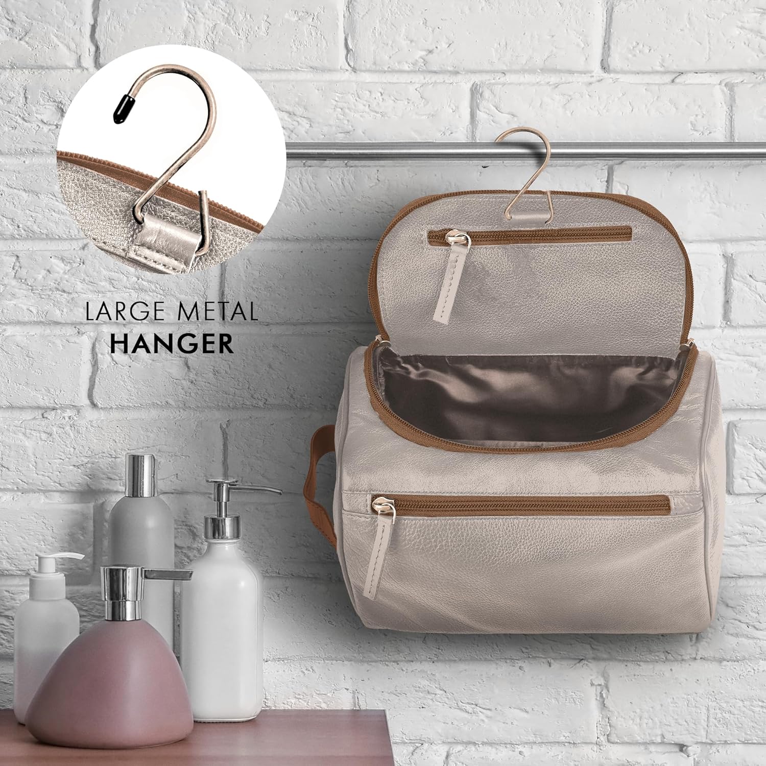 ELIZO Premium REAL Leather Toiletry Bag for Men Dopp Kitt Hanging Mens Toiletry Large TSA Toiletries Bag Shaving Grooming Bag Organizer Cream Tan