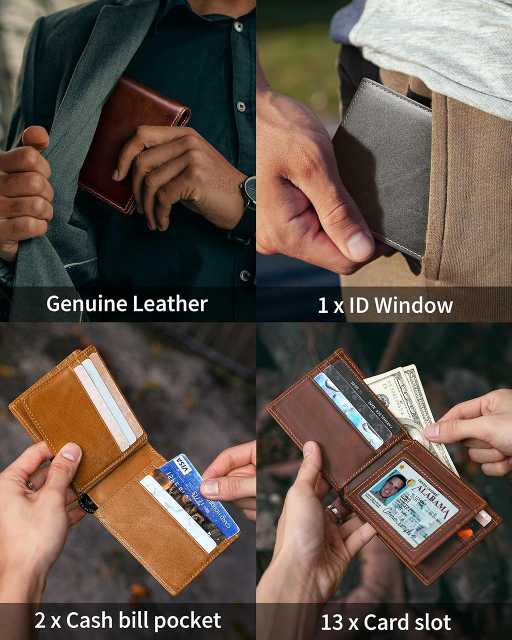 Mens Wallet Bifold Genuine Leather RFID Blocking Wallet for Men with 1 ID Windows 13 Card Holders 2 cash pockets 1 Gift Box