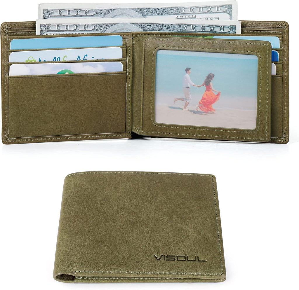 VISOUL Men's Bifold Wallet with 2 ID Windows, Genuine Leather Card Holder Front Pocket Wallet with RFID Blocking for Men (Green)