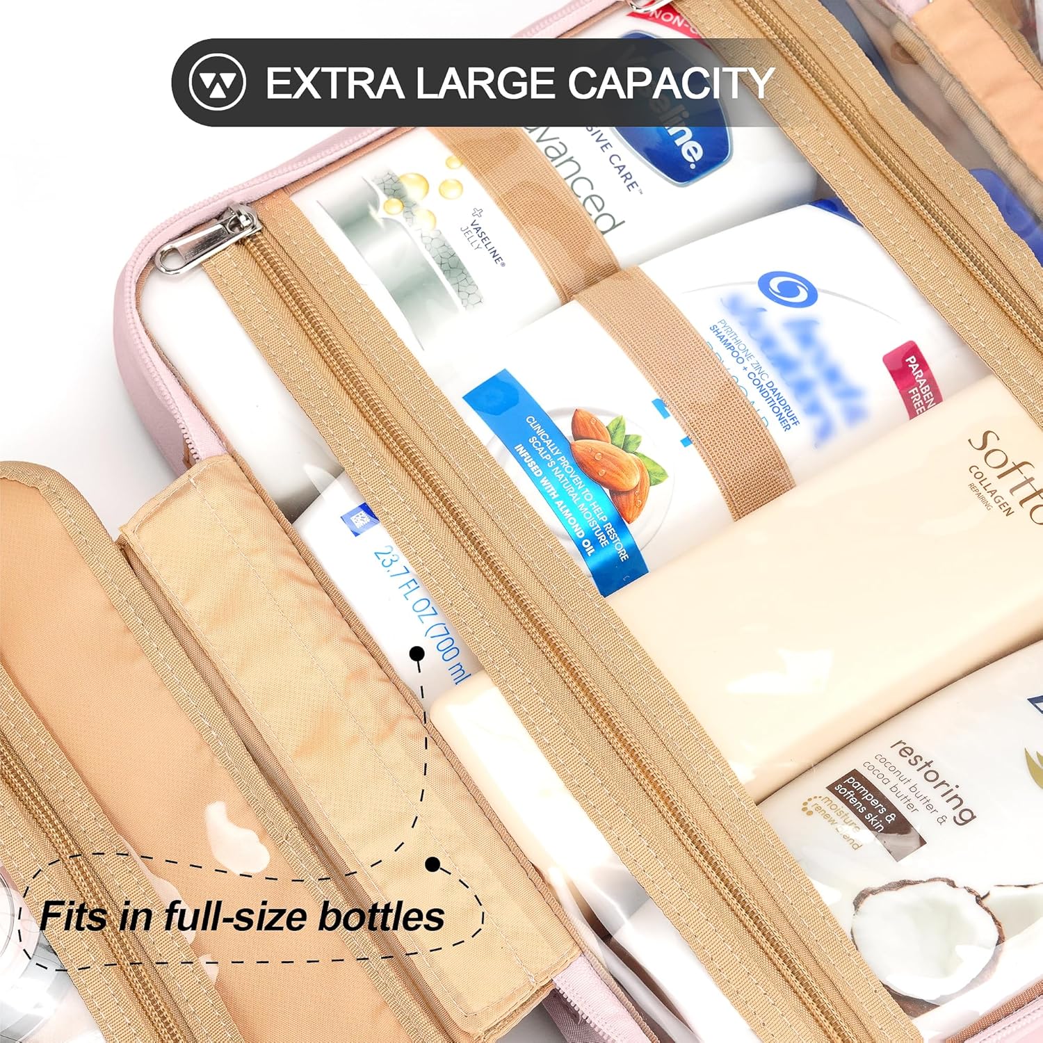 Travel Hanging Toiletry Bag for Women, Extra Large Makeup Bag, Holds Full-Size Shampoo, with Jewelry Organizer Compartment, Waterproof Cosmetic Bag, Toiletries Kit Set with Trolley Belt, Baby Pink