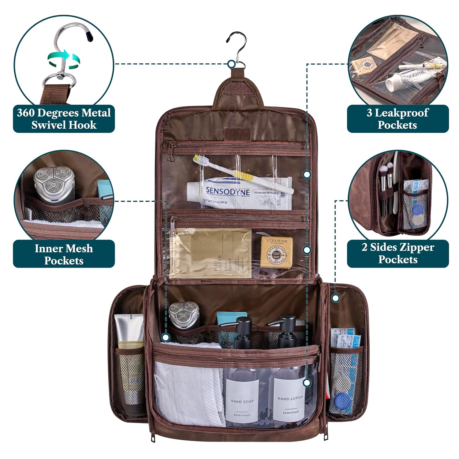 PAVILIA Large Hanging Toiletry Bag Travel Bag Women Men, PU Leather Cosmetic Organizer, Water Resistant Makeup Bag Accessories Toiletries, Travel Essentials Kit, Brown