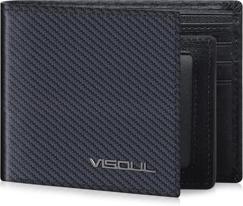 VISOUL Mens Carbon Fiber Leather Bifold Wallet with 2 ID Windows, RFID Blocking Secure Designer Wallets for Men with Two Cash Compartments (Black+Black)