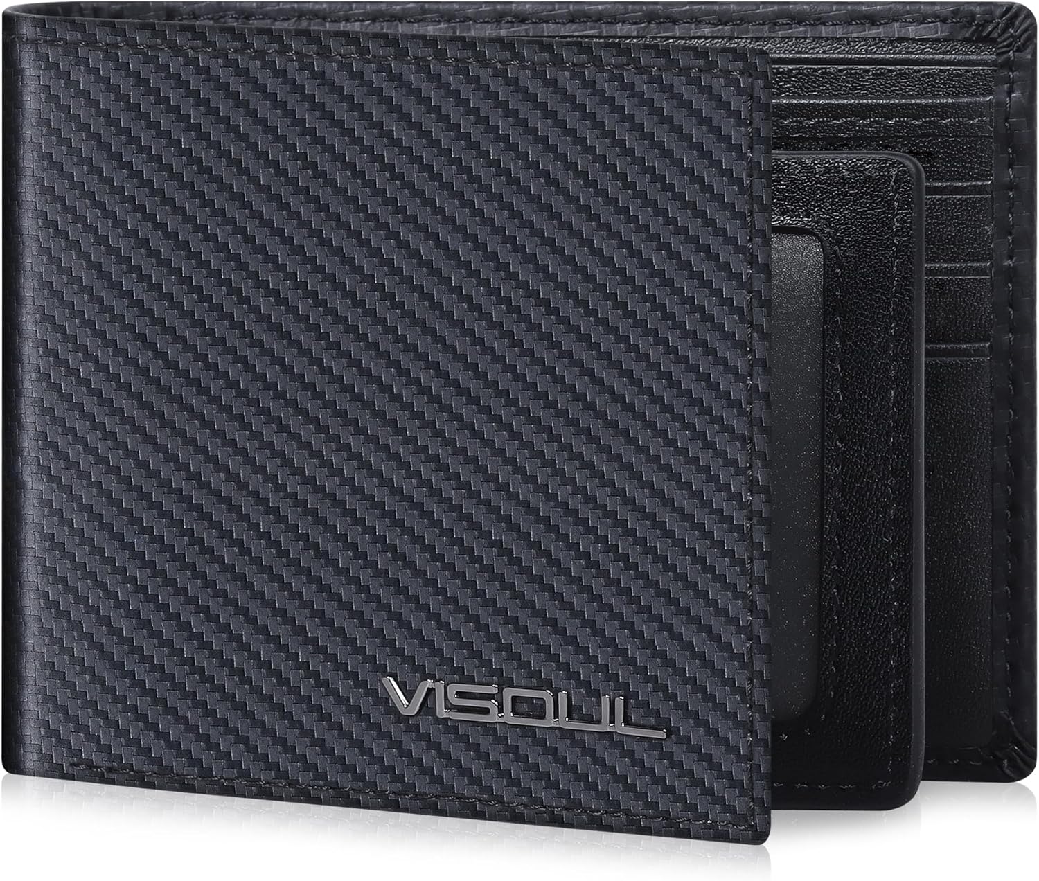VISOUL Mens Carbon Fiber Leather Bifold Wallet with 2 ID Windows, RFID Blocking Secure Designer Wallets for Men with Two Cash Compartments (Black+Black)