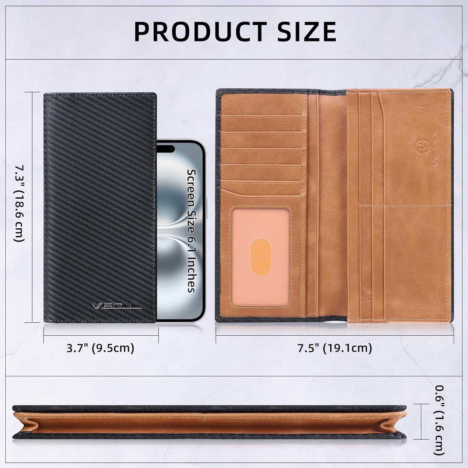 VISOUL Mens Large Long Leather Checkbook Bifold Wallet with RFID Blocking, Carbon Fiber Leather Tall Billfold Secretary Wallets for men (Black+Tan)