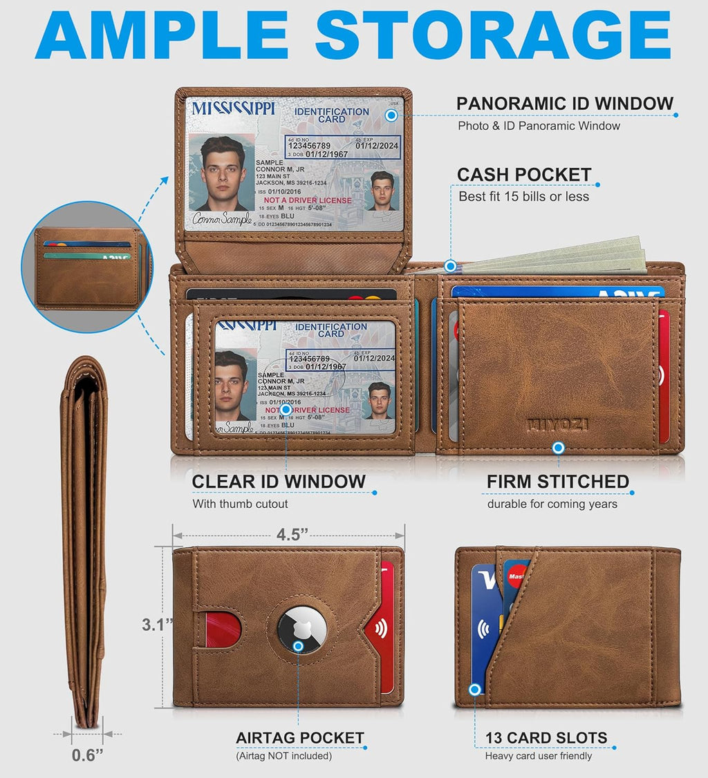 Airtag Wallet for Men,with Cash Pocket 2 ID Window 13 Cards,Slim Leather Wallet Front Pocket Card Holder RFID Blocking with Gift Box
