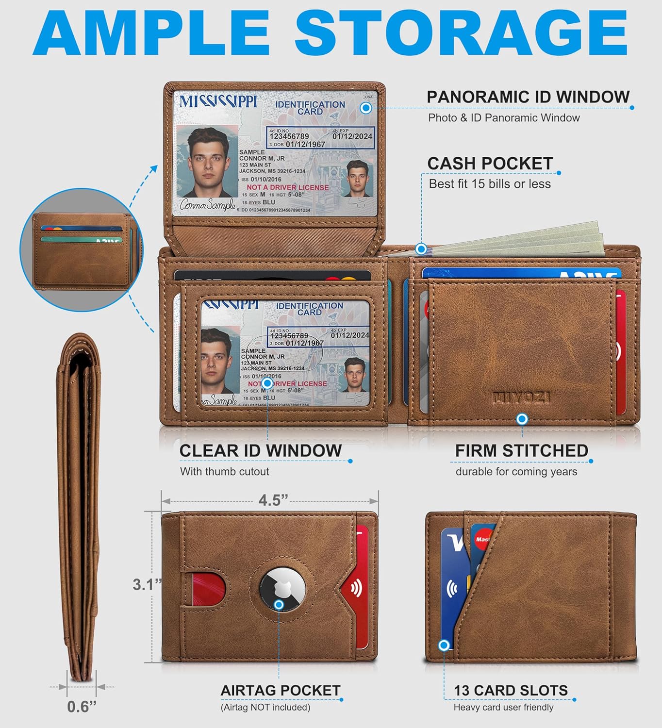 Airtag Wallet for Men,with Cash Pocket 2 ID Window 13 Cards,Slim Leather Wallet Front Pocket Card Holder RFID Blocking with Gift Box