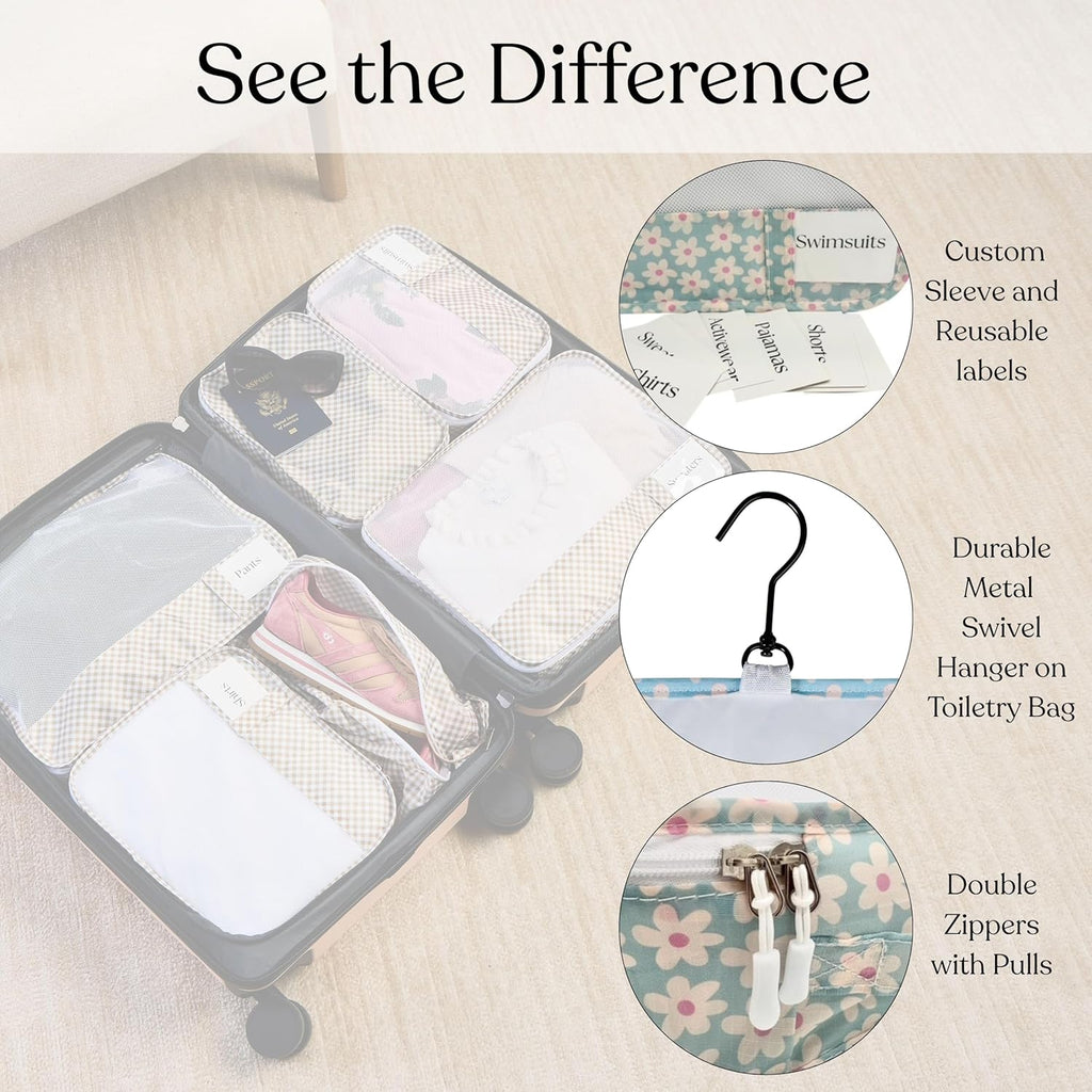 9 Set Packing Cubes - Suitcase Organizer, Cute Packing Cubes, Travel Bags Organizer for Luggage with Hanging Toiletry and Shoe Bag, Travel Essentials for Women, Men and Kids -Blue Flower