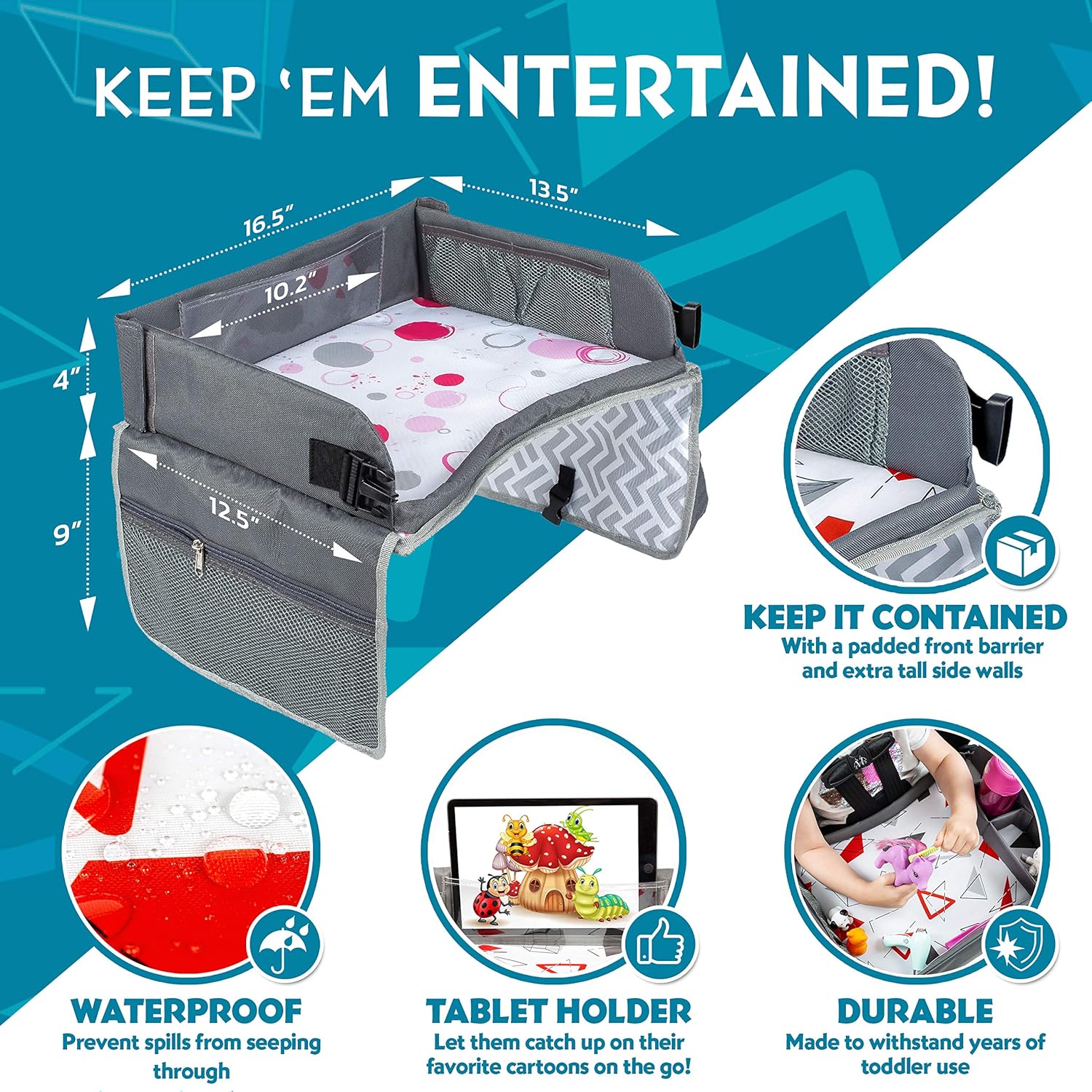 Kenley Kids Travel Tray, Toddler Car Seat Lap Tray, Road Trip Essentials Activity Table (Pink/Gray)