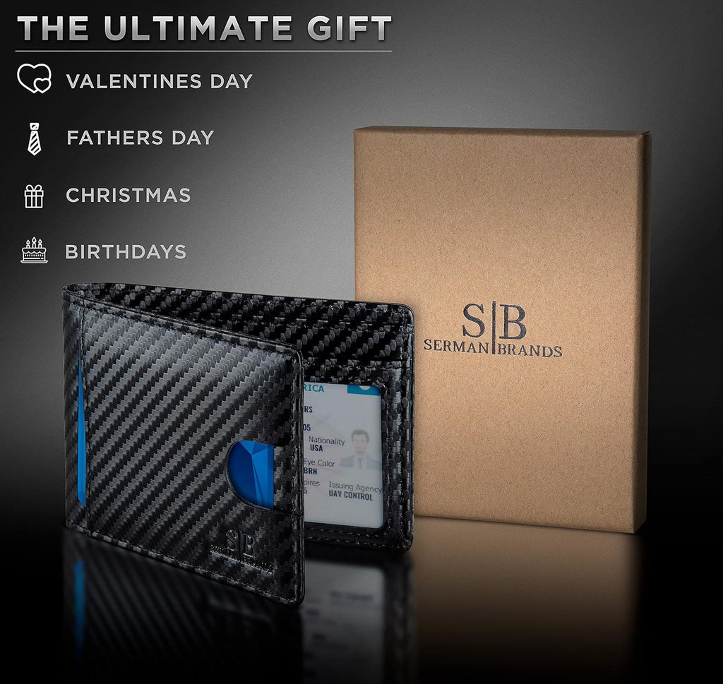 SERMAN BRANDS RFID Blocking Slim Bifold Genuine Leather Thin Minimalist Front Pocket Wallets for Men Billfold Wallet Men Gift