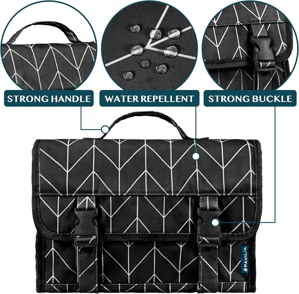 PAVILIA Travel Hanging Toiletry Bag for Women Men, Large Capacity Makeup Bag Kit, Waterproof Cosmetic Storage Organizer Case for Bathroom Shower, Black