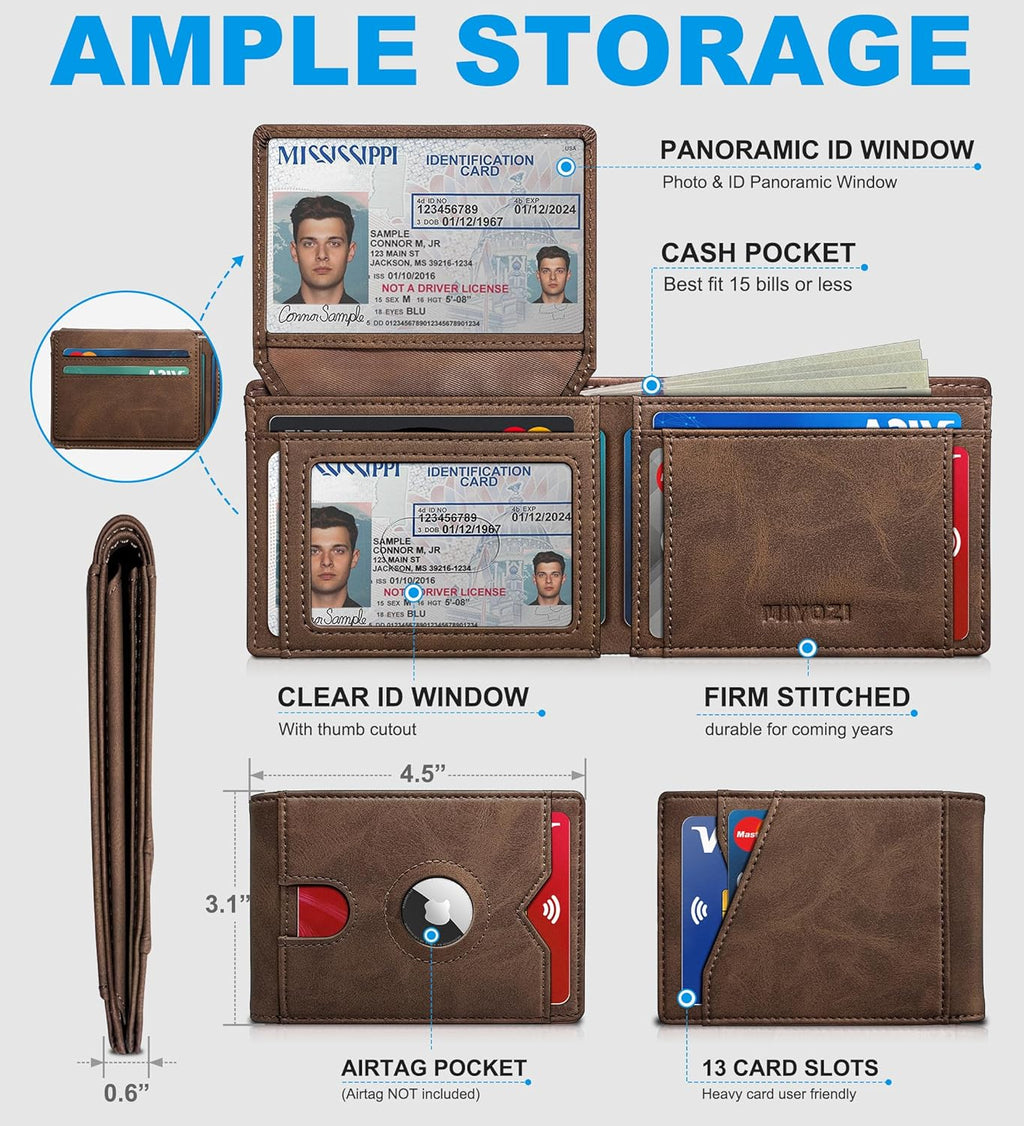 Airtag Wallet for Men,with Cash Pocket 2 ID Window 13 Cards,Slim Leather Wallet Front Pocket Card Holder RFID Blocking with Gift Box
