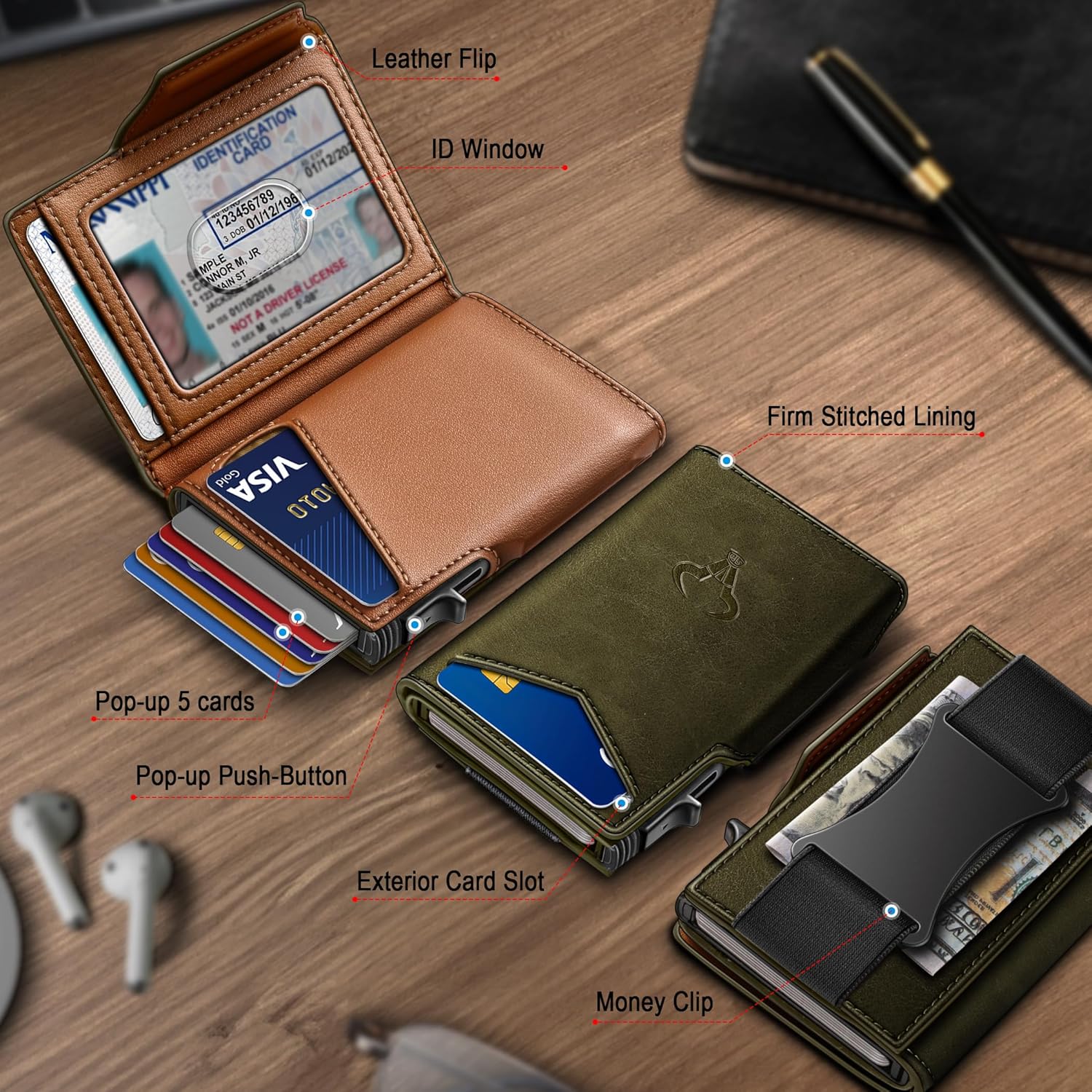 BULLIANT Men Wallet Gift Boxed,Slim Front Pocket Wallet Money Clip Card Holder 3.8"x2.7",Pop-up Access