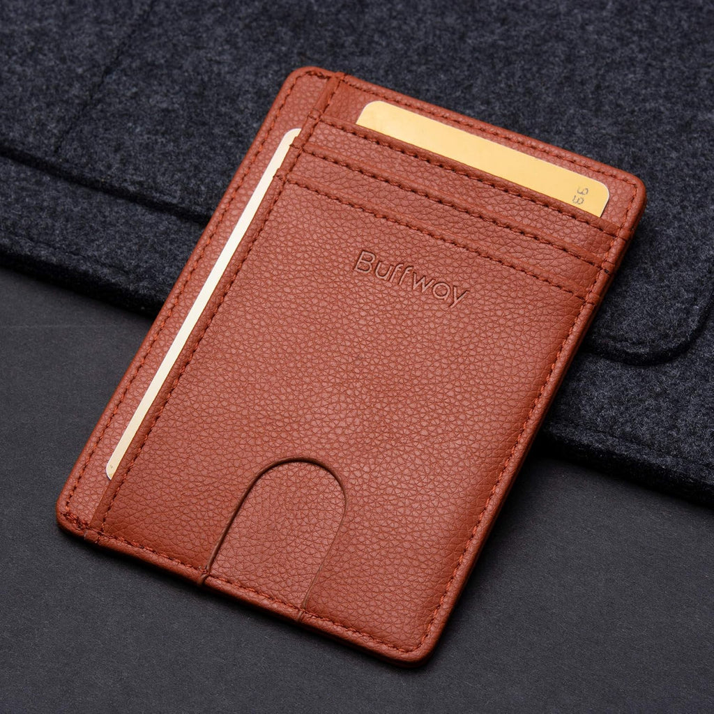 Buffway Slim Minimalist Front Pocket RFID Blocking Leather Wallets for Men and Women - Lichee Light Brown