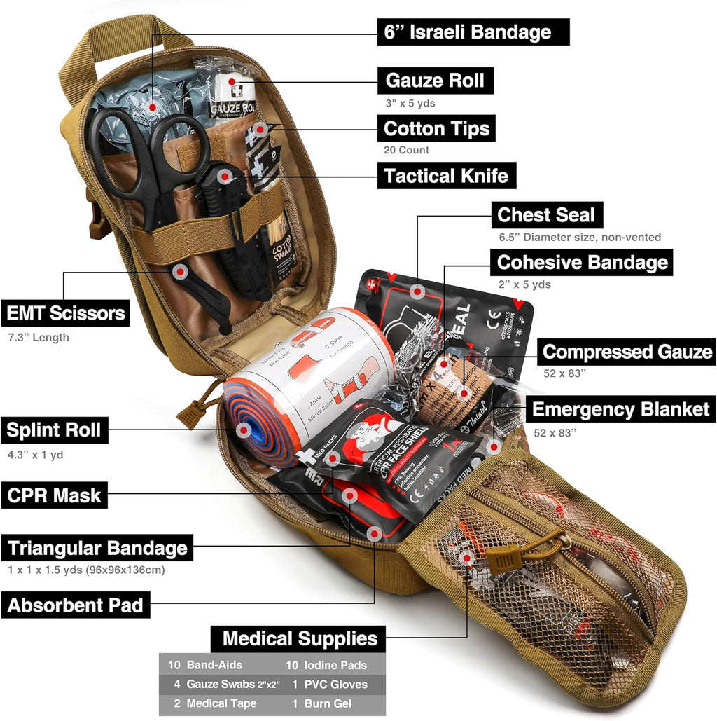 Survival First Aid Kit with Israeli Bandage, Splint, Chest Seal, Tactical Military Combat Molle IFAK for Wound Care, Bleeding Control, Trauma Hemorrhage and More