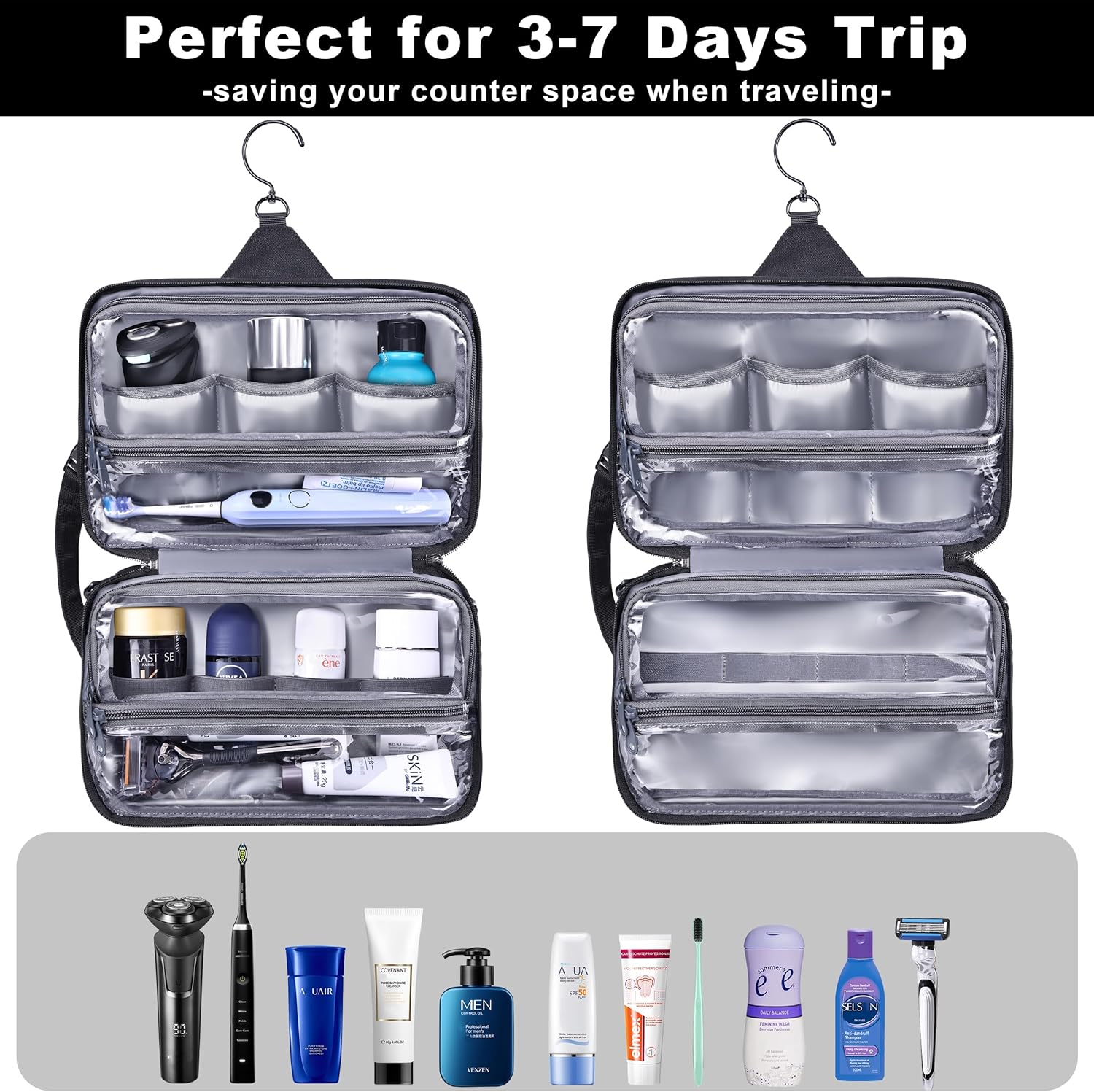 Toiletry Bag for Men, YKK Zippers Hanging Bathroom Shower Hygiene Bag with Metal XXL Swivel Hook, Big Comparment, Waterproof for Travel Accessories