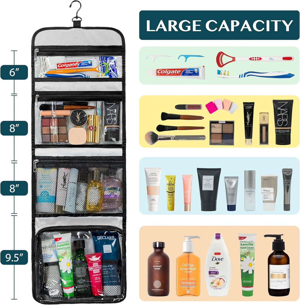 PAVILIA Travel Hanging Toiletry Bag for Women Men, Large Capacity Makeup Bag Kit, Waterproof Cosmetic Storage Organizer Case for Bathroom Shower, Black