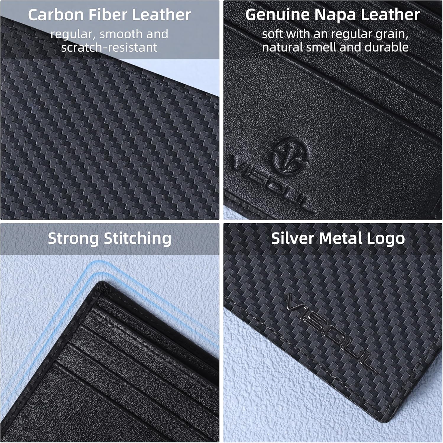 VISOUL Mens Carbon Fiber Leather Bifold Wallet with 2 ID Windows, RFID Blocking Secure Designer Wallets for Men with Two Cash Compartments (Black+Black)