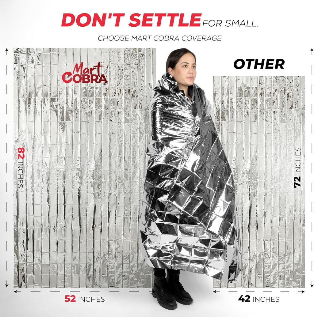 Mart Cobra Emergency Blanket 100-Pack | Reflective Thermal Blanket | Survival Gear | Lightweight Mylar Blankets | Retains 90% Body Heat | Essential for Camping, First Aid, Homeless Care Package Bulk