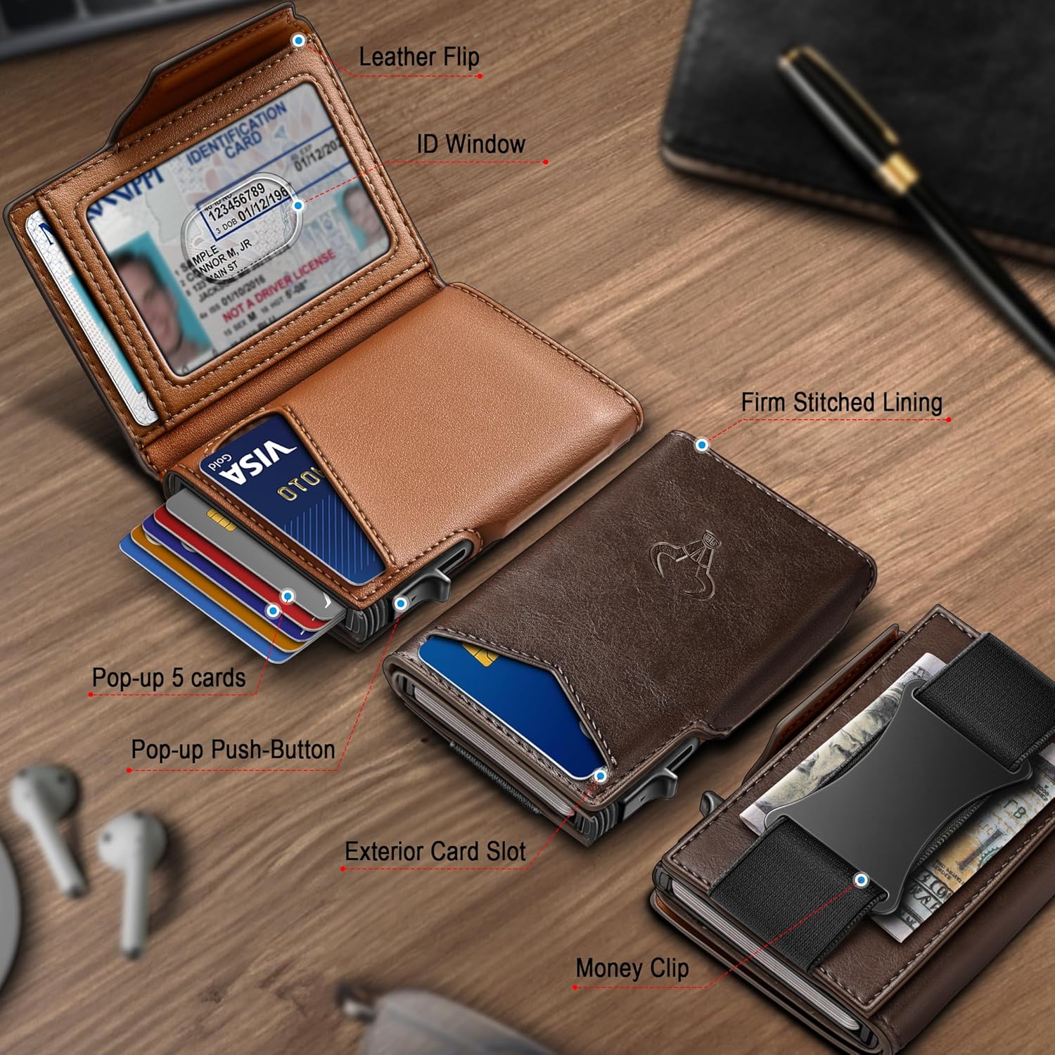 BULLIANT Men Wallet Gift Boxed,Slim Front Pocket Wallet Money Clip Card Holder 3.8"x2.7",Pop-up Access