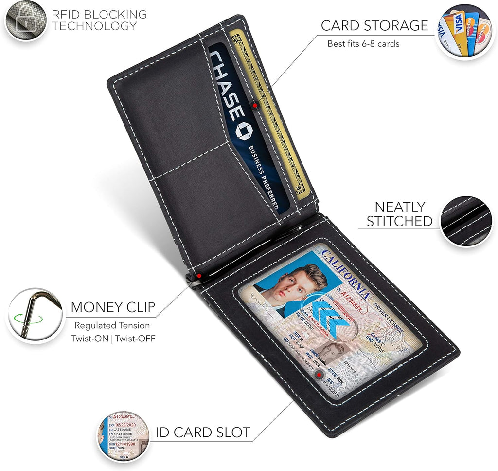 SERMAN BRANDS RFID Blocking Wallet Slim Bifold - Genuine Leather Minimalist Front Pocket Wallets for Men with Money Clip Gift