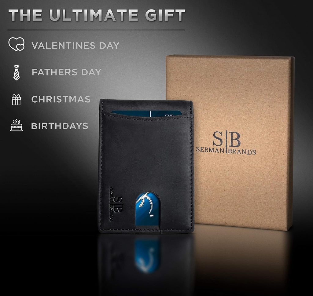 SERMAN BRANDS RFID Blocking Slim Bifold Genuine Leather Minimalist Front Pocket Wallets for Men with Money Clip Thin Gift