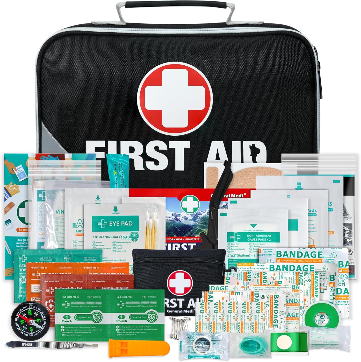 General Medi 2-in-1 First Aid Kit (215 Piece Set) + 43 Piece Mini First Aid Kit -Includes Ice(Cold) Pack, Moleskin Pad and Emergency Blanket for Travel, Home, Office, Car, Workplace(Black)