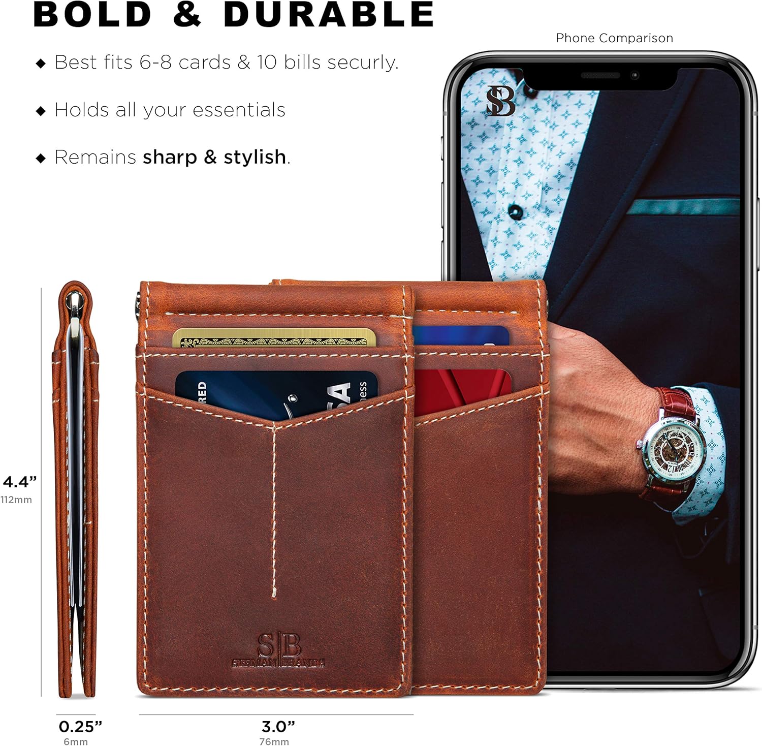 SERMAN BRANDS RFID Blocking Wallet Slim Bifold - Genuine Leather Minimalist Front Pocket Wallets for Men with Money Clip Gift