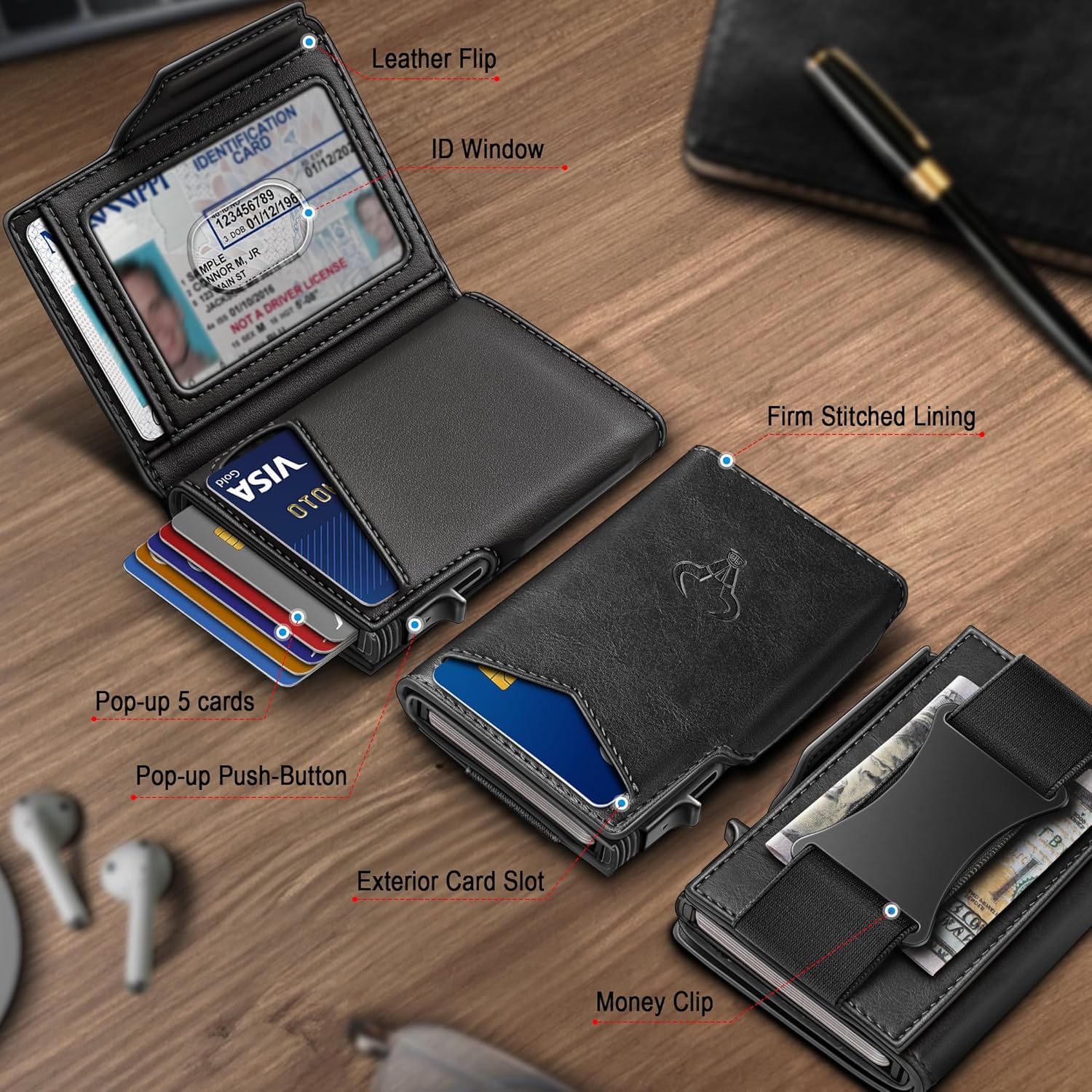 BULLIANT Men Wallet Gift Boxed,Slim Front Pocket Wallet Money Clip Card Holder 3.8"x2.7",Pop-up Access