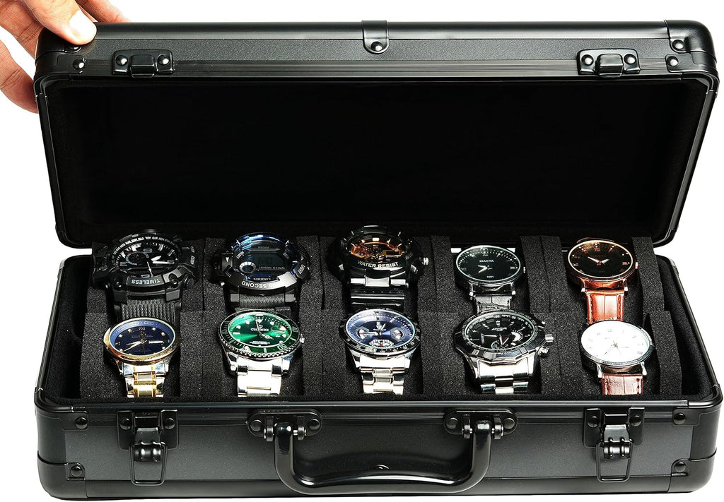 10 slots Aluminum watch case, Hard Deluxe watch storage organizer box with soft foam padding snug fit watches up to 55mm face