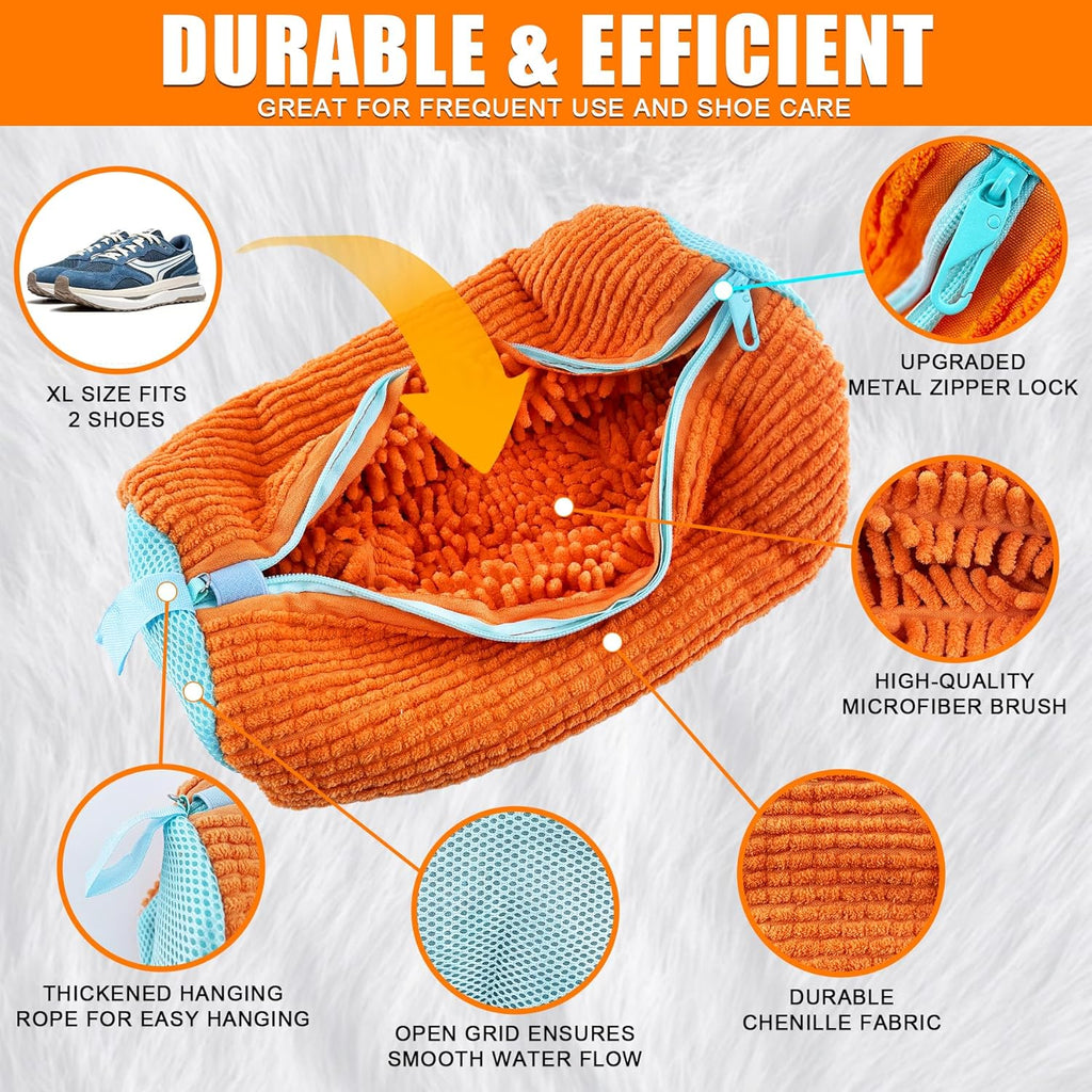 XXL Shoe Washing Machine Bag - 2-Pack Reusable Shoe Cleaning Bags, 360° Deep Clean for Sneakers, Tennis Shoes, and Slippers, Includes 2 Shoe Storage Dust Bags (Orange)