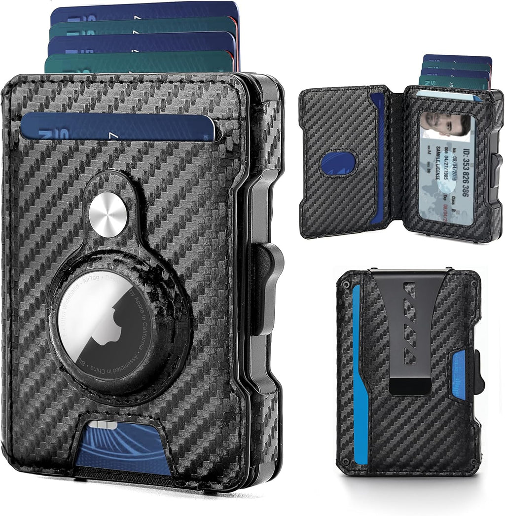 AirTag Wallet for Men, RFID Blocking Slim Mens Wallet with Money Clip, Minimalist Credit Card Holder for Apple Air Tag, Pop Up Card,9-11Cards Capacity | ID Window | Cash Slot | Gift Box（Black）