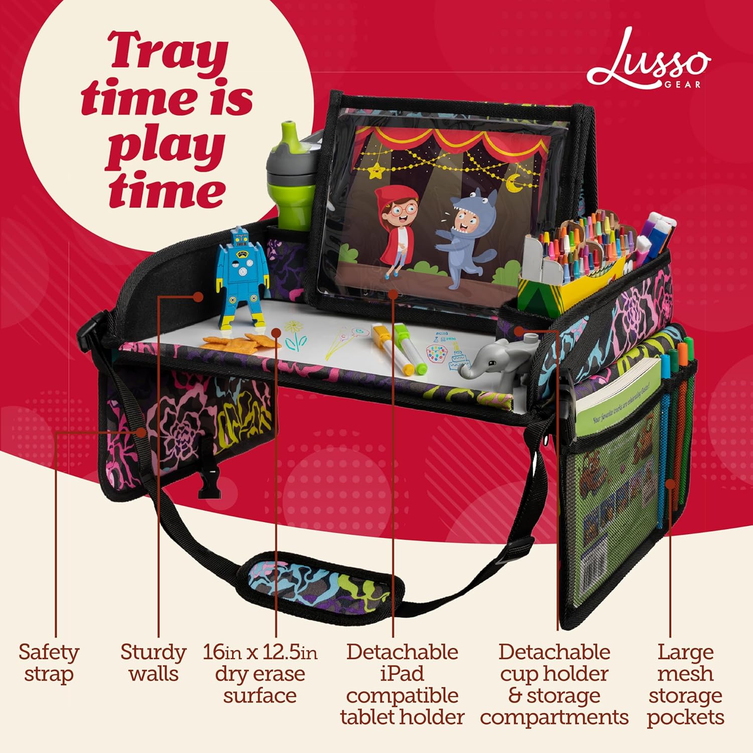 Lusso Gear Kids Travel Tray for Car - Road Trip Essentials for Kids - Car Seat Tray for Toddlers & Kids - for Airplane, Kids Travel Desk, Road Trip Activities (Floral)