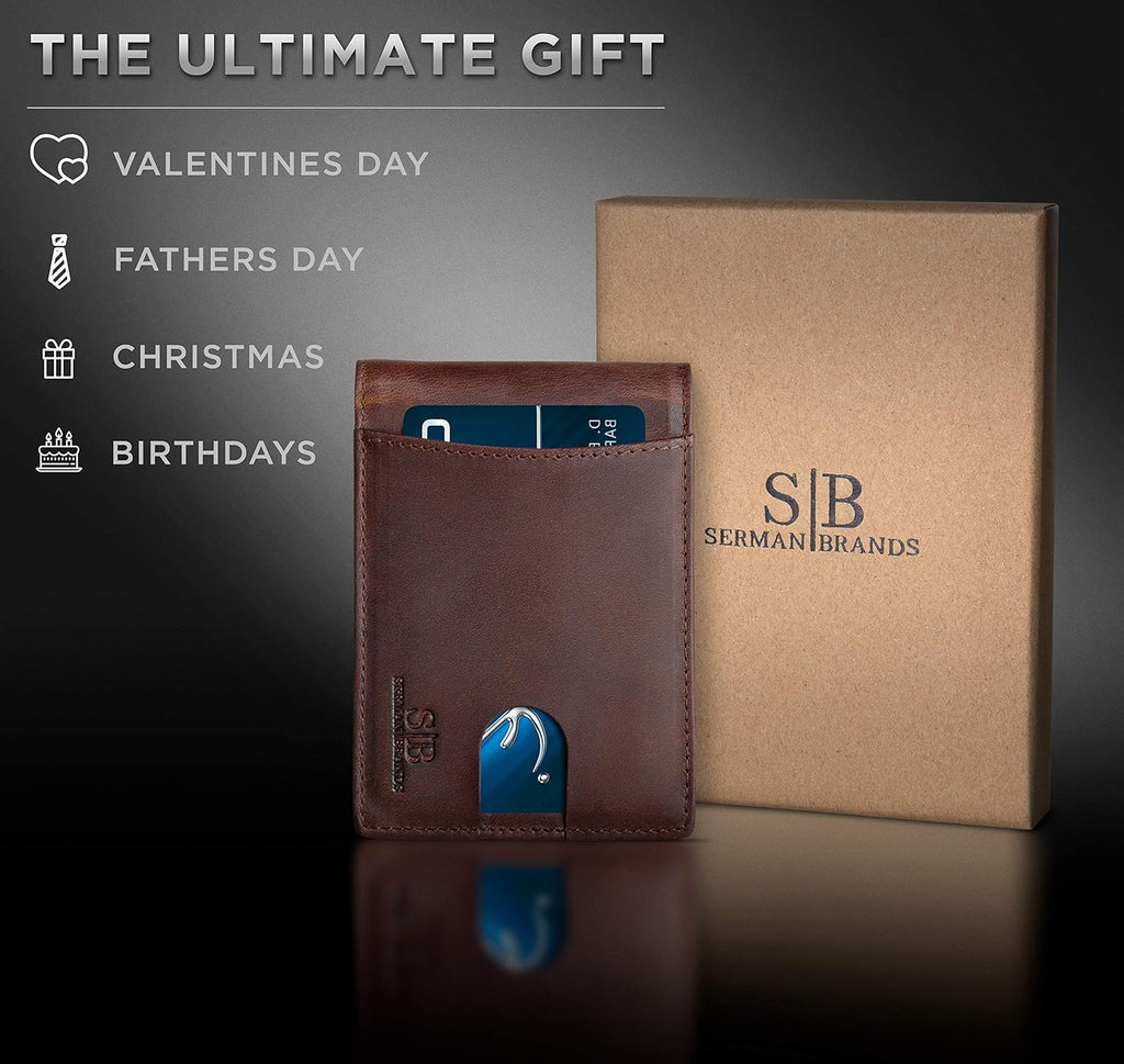 SERMAN BRANDS RFID Blocking Slim Bifold Genuine Leather Minimalist Front Pocket Wallets for Men with Money Clip Thin Gift