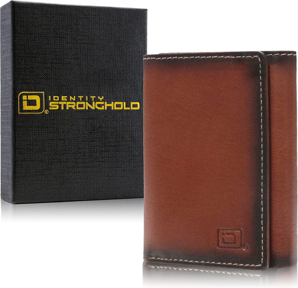ID Stronghold Extra Capacity Trifold Wallet for Men - RFID Blocking Genuine Leather Wallet (Antiqued Brown)