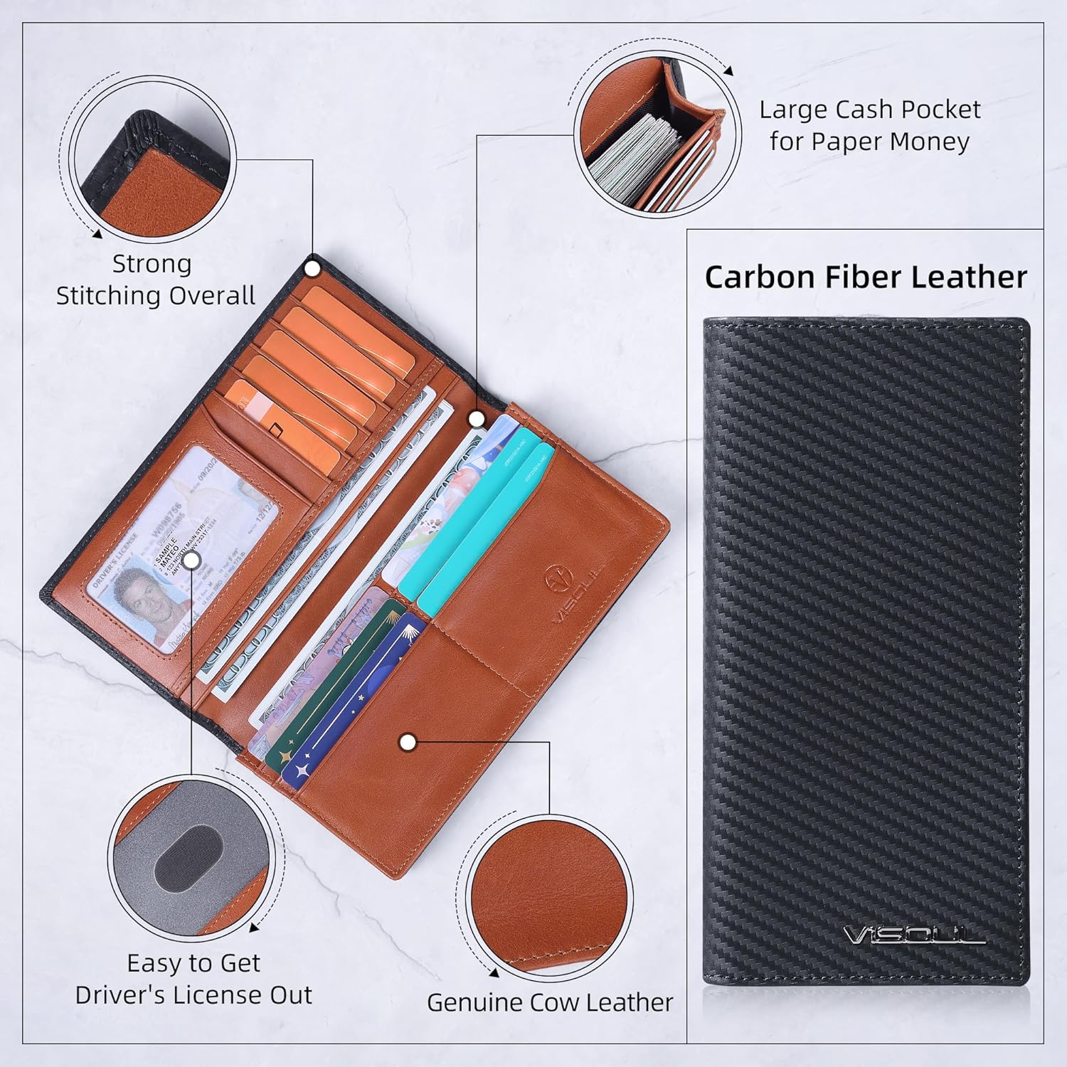 VISOUL Mens Billfold Long Checkbook Wallet Leather with RFID Blocking, Large Bifold Secretary Cash Wallet Tall with 12 Card Slots for Men (Black+Orange)