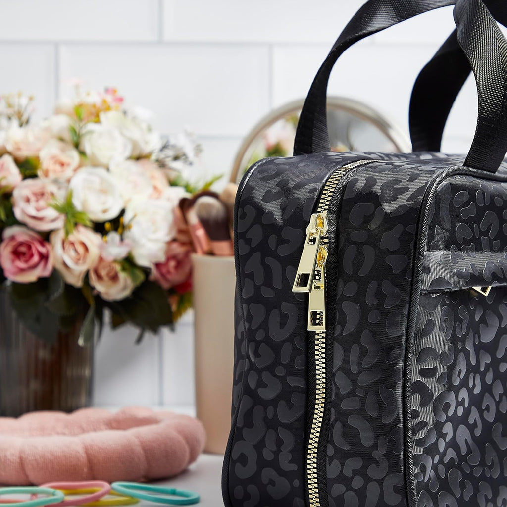 Nicole Miller New York Once Upon a Rose Makeup Bag, Multifunctional Travel and Toiletries Bag, Cosmetics Essentials Accessories Bag, Luxurious, Classic, Chic, and Stylish, Black Cow