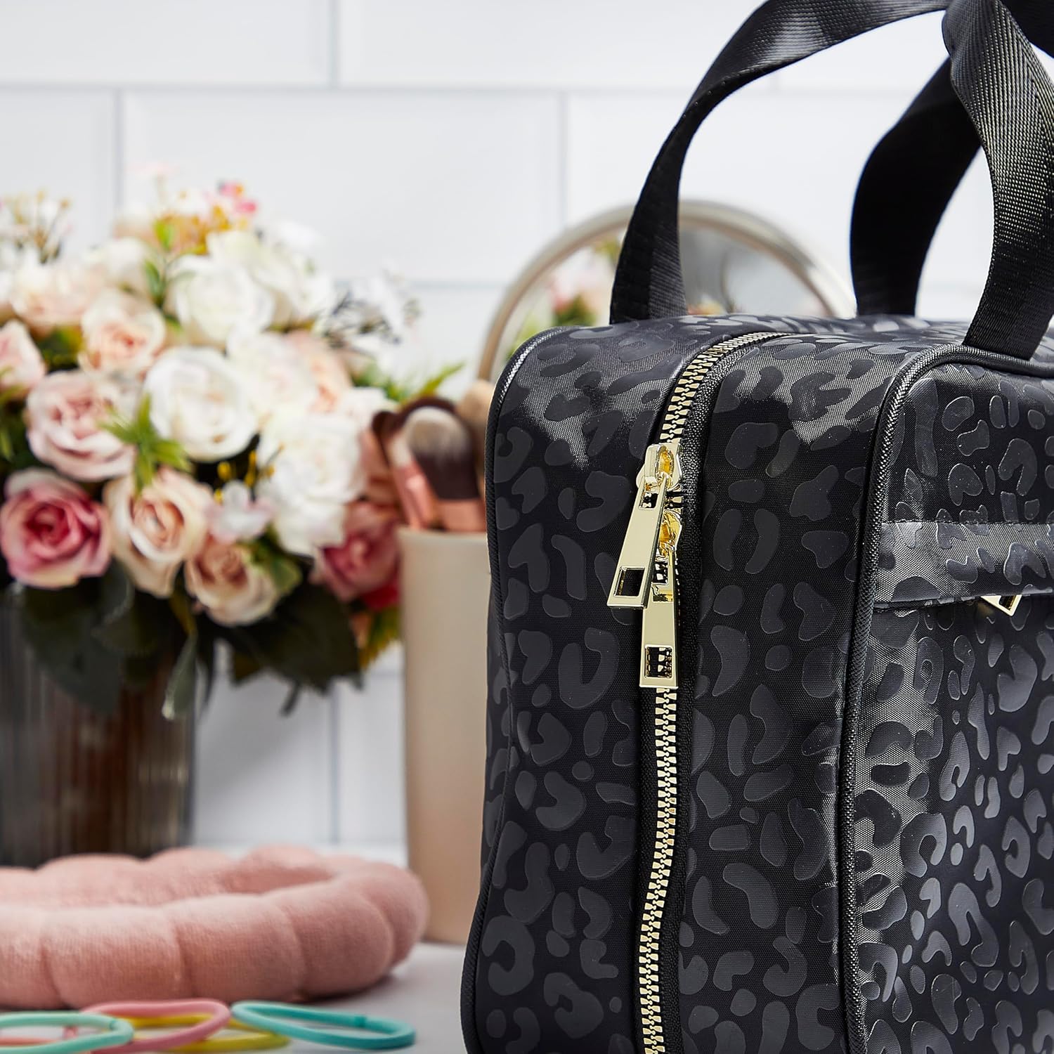 Nicole Miller New York Once Upon a Rose Makeup Bag, Multifunctional Travel and Toiletries Bag, Cosmetics Essentials Accessories Bag, Luxurious, Classic, Chic, and Stylish, Black Cow