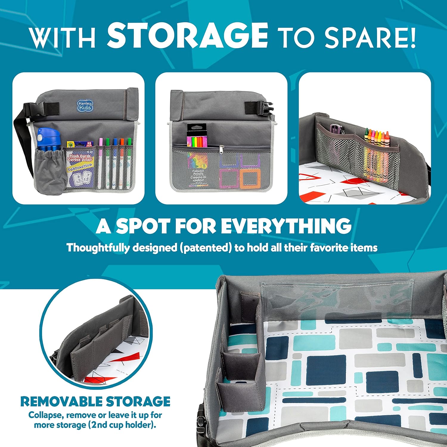 Kenley Kids Travel Tray, Toddler Car Seat Lap Tray, Road Trip Essentials Activity Table (Blue/Gray)