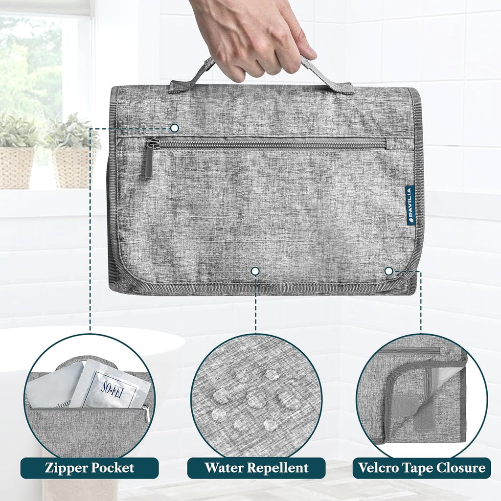 PAVILIA Hanging Toiletry Bag Women Men, Travel Kit Foldable Large Toiletries Organizer, Roll up Cosmetics Makeup Bag Accessories, Waterproof Essentials Jewelry Case (Heather Grey)